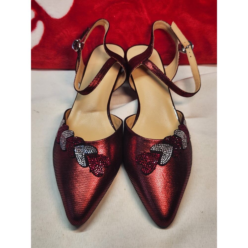 Womens Metallic Red Pointed Toe Heels Rhinestone Slingback Ankle Strap Size 9.5
